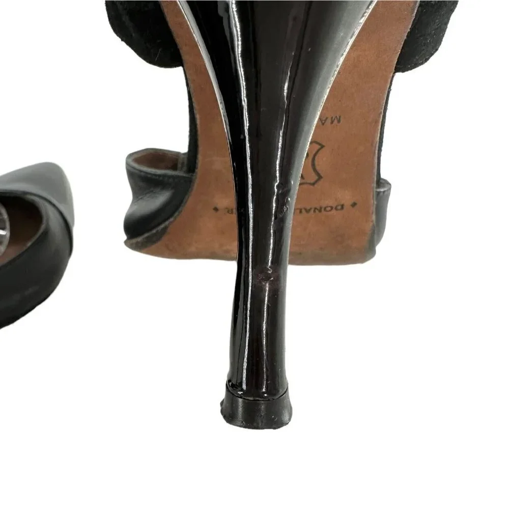 Donald Pliner BRAVA Black Patent Leather and Suede Ankle Strap Zip Heels Size 7